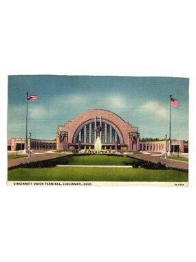 Cincinnati Union Terminal Postcard Vintage Artwork Unused Linen Finish Unposted
